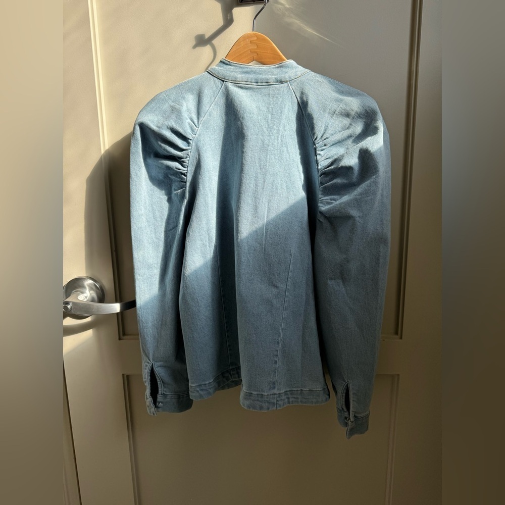 Y2K 90s New York & Co Light Denim Jacket with Ruched Sleeves & Shoulders Medium - Picture 5 of 5